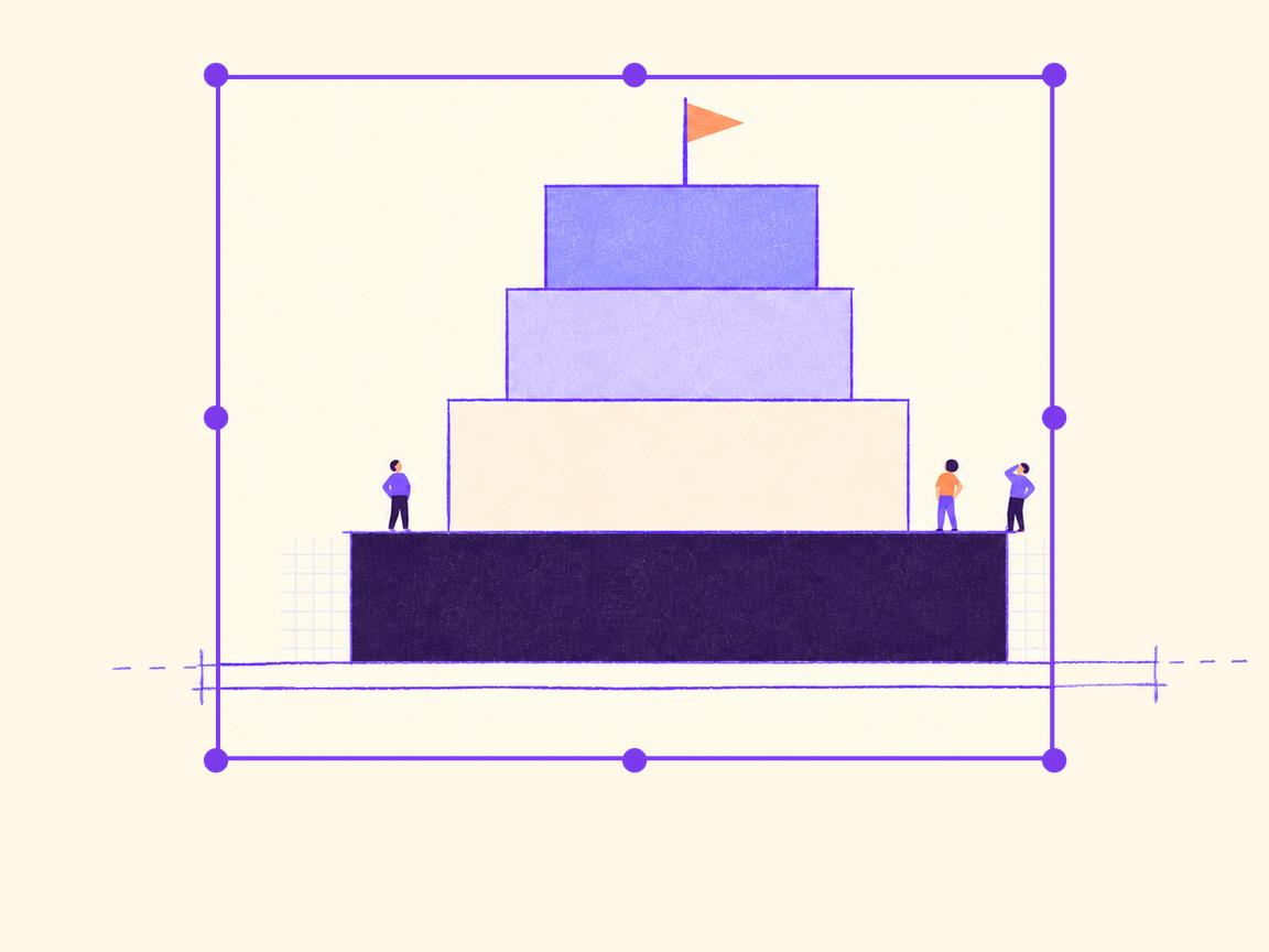 A monument of three light stacked blocks with an orange pennant on top, resting on one wide dark foundation slab, with three small figures standing on it, inside a violet frame with eight dot handles.
