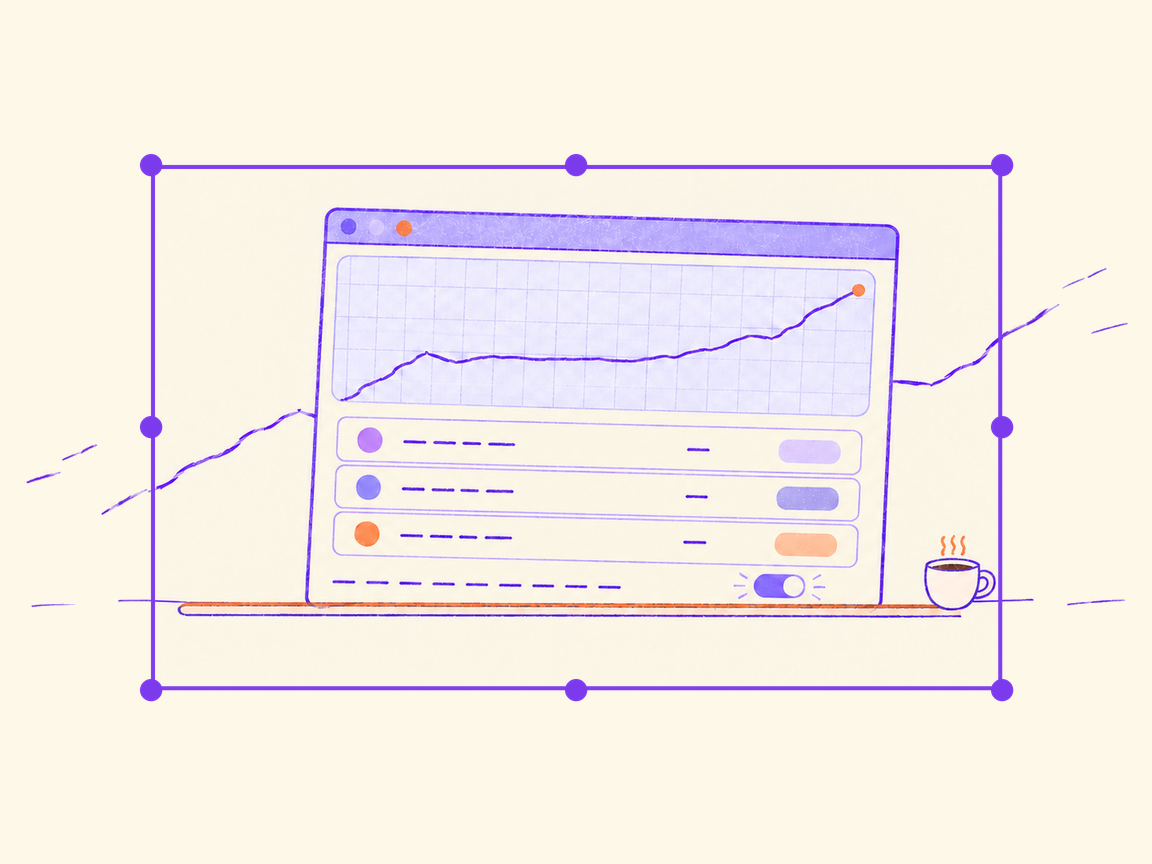 A personal trading dashboard on a desk beside a coffee cup: one price line, three positions and one rule switched on, inside a violet frame with eight dot handles.