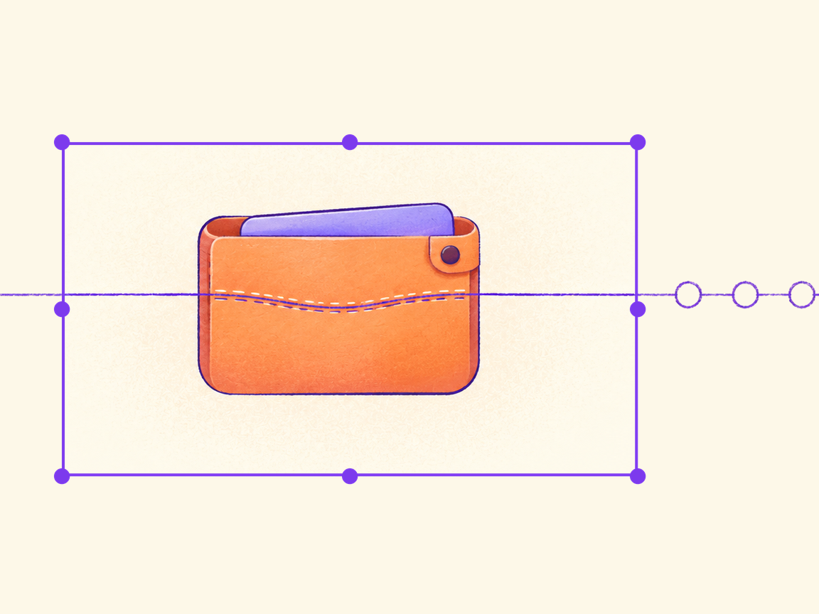 A single payment rail drawn as one line running from a sketched card, through an orange collection wallet holding a violet card, out to three payout coins, inside a violet frame with eight dot handles.